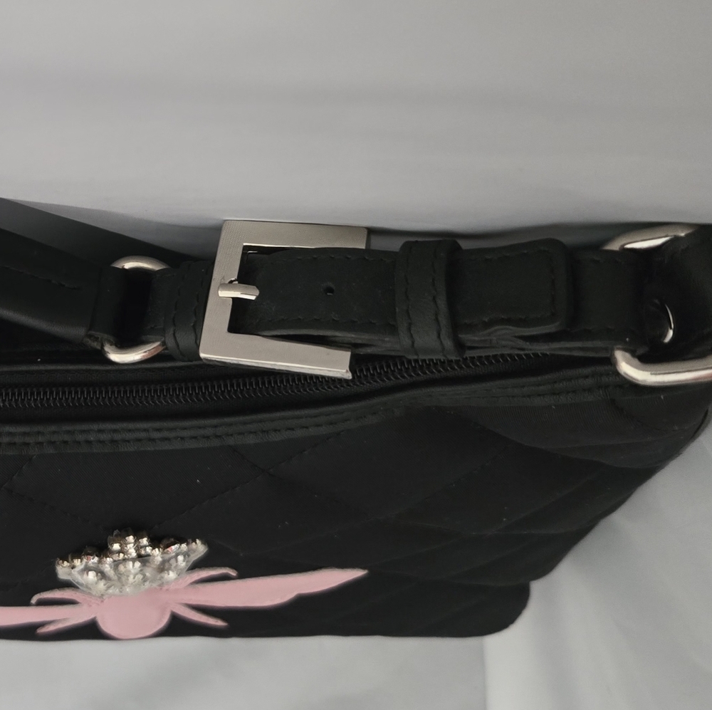 My Flat In London Quilted Black Handbag Pink Queen Bee Rhinestone Crown Purse - Picture 6 of 8